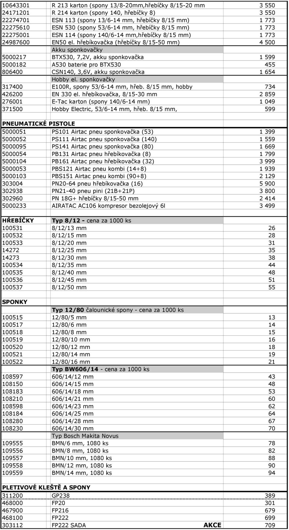 hřebíkovačka (hřebíčky 8/15-50 mm) 4 500 Akku sponkovačky 5000217 BTX530, 7,2V, akku sponkovačka 1 599 5000182 A530 baterie pro BTX530 455 806400 CSN140, 3,6V, akku sponkovačka 1 654 Hobby el.