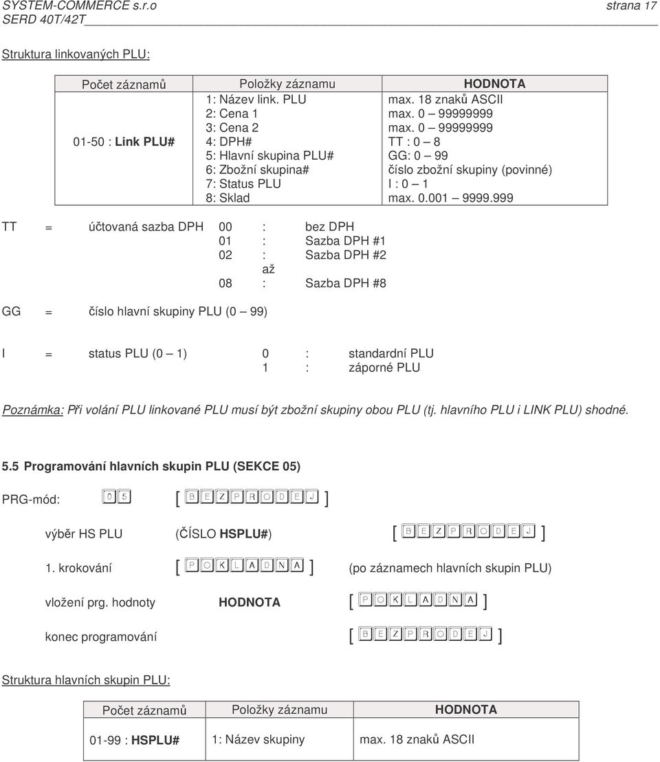 999 TT = útovaná sazba DPH 00 : bez DPH 01 : Sazba DPH #1 02 : Sazba DPH #2 až 08 : Sazba DPH #8 GG = íslo hlavní skupiny PLU (0 99) I = status PLU (0 1) 0 : standardní PLU 1 : záporné PLU Poznámka: