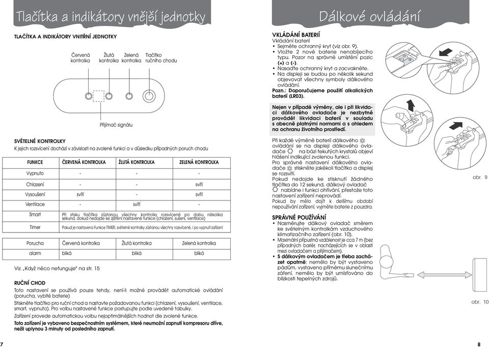 několika sekund, dokud nedojde ke zjištění nastavené funkce (chlazení, sušení, ventilace) Timer Červená kontrolka Pokud je nastavena Funkce TIMER, světelné kontrolky zůstanou všechny rozsvícené, i po