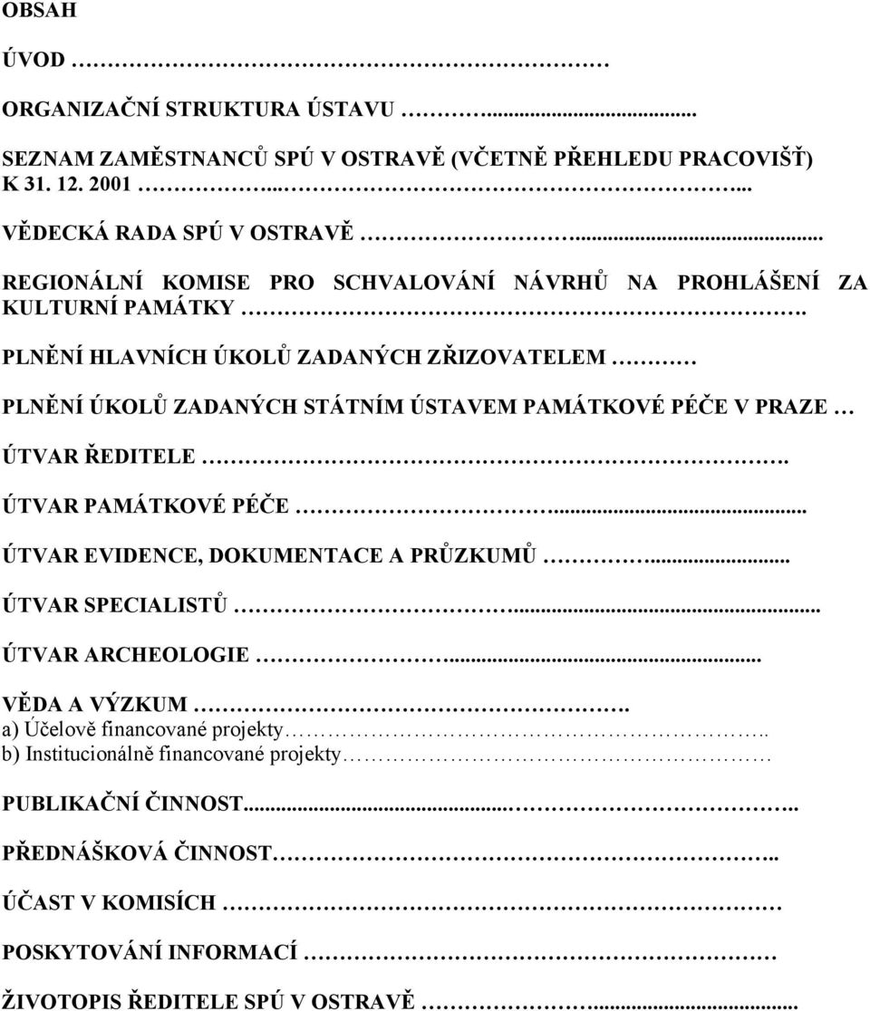 PLNĚNÍ HLAVNÍCH ÚKOLŮ ZADANÝCH ZŘIZOVATELEM PLNĚNÍ ÚKOLŮ ZADANÝCH STÁTNÍM ÚSTAVEM PAMÁTKOVÉ PÉČE V PRAZE ÚTVAR ŘEDITELE. ÚTVAR PAMÁTKOVÉ PÉČE.