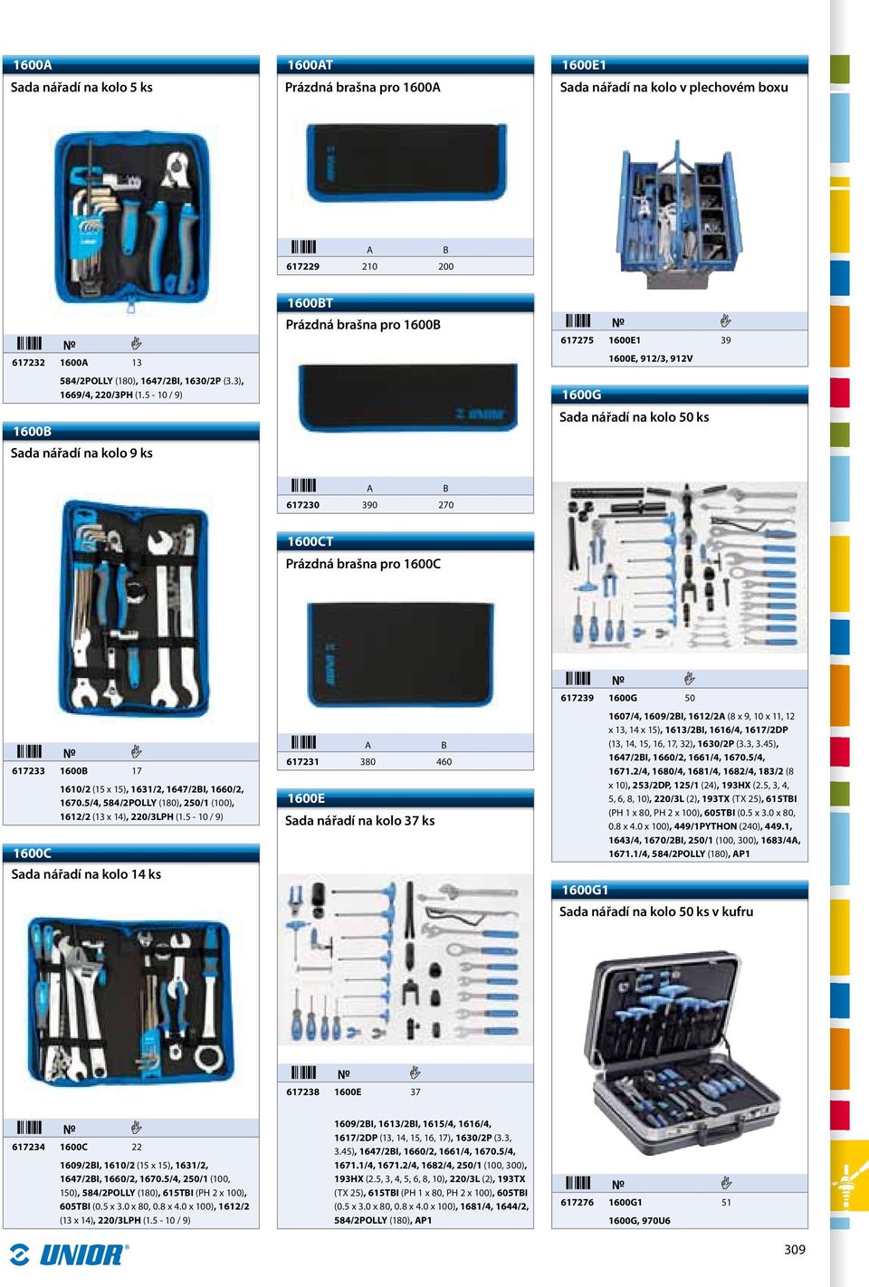 5-10 / 9) 1600B Sada nářadí na kolo 9 ks 1600BT Prázdná brašna pro 1600B 617275 1600E1 39 1600E, 912/3, 912V 1600G Sada nářadí na kolo 50 ks A B 617230 390 270 1600CT Prázdná brašna pro 1600C 617233