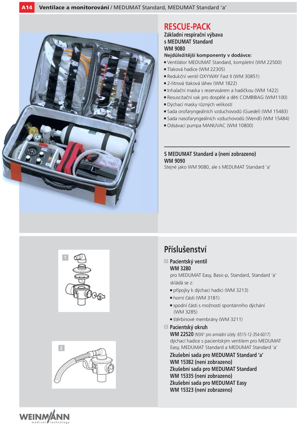 dospělé a děti COMBIBAG (WM1100) Dýchací masky různých velikostí Sada orofaryngeálních vzduchovodů (Guedel) (WM 15483) Sada nasofaryngeálních vzduchovodů (Wendl) (WM 15484) Odsávací pumpa MANUVAC (WM