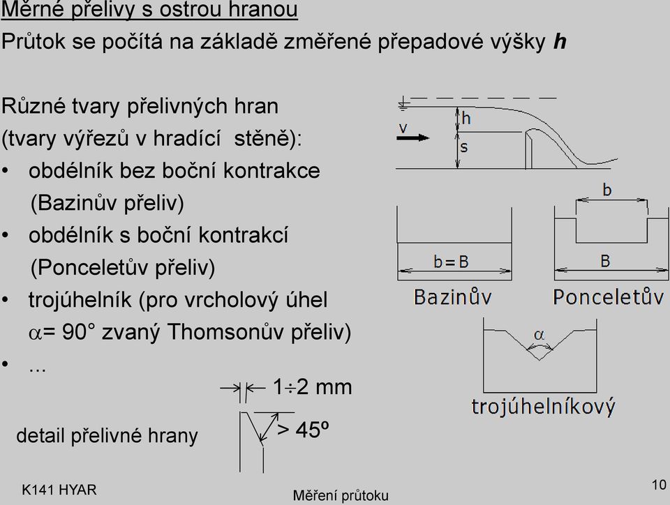 konrakce (Bazinův přeliv) obdélník s boční konrakcí (Ponceleův přeliv) rojúhelník