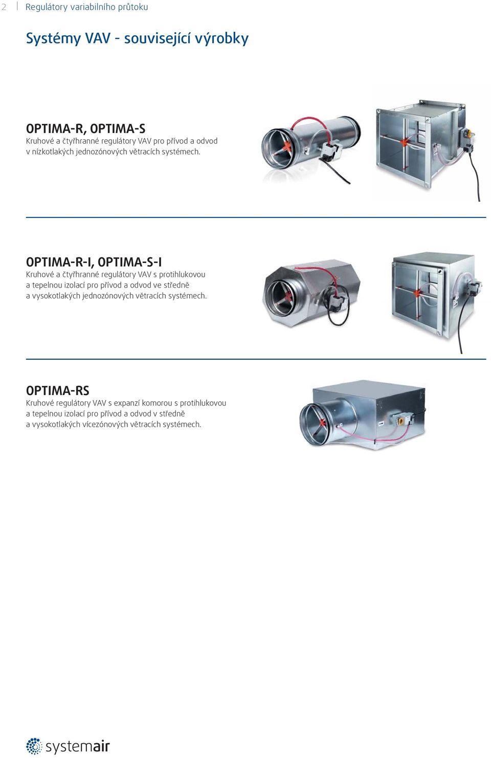 OPTIMA-R-I, OPTIMA-S-I Kruhové a čtyřhranné regulátory VAV s protihlukovou a tepelnou izolací pro přívod a odvod ve středně a