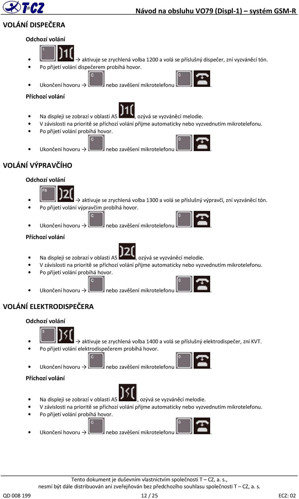 V závislosti na prioritě se příchozí volání přijme automaticky nebo vyzvednutím mikrotelefonu. Po přijetí volání probíhá hovor. Ukončení hovoru nebo zavěšení mikrotelefonu.