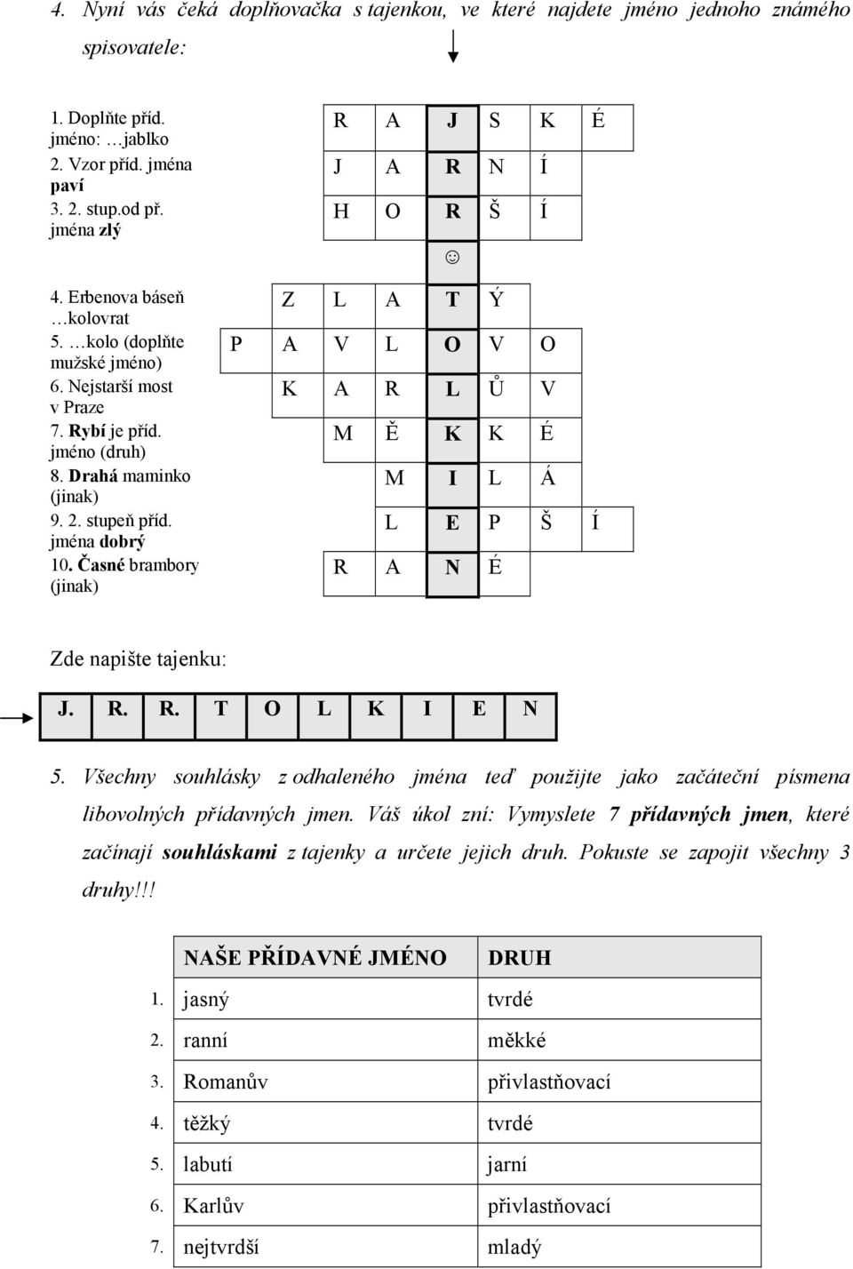 Časné brambory (jinak) R A J S K É J A R N Í H O R Š Í Z L A T Ý P A V L O V O K A R L Ů V M Ě K K É M I L Á L E P Š Í R A N É Zde napište tajenku: J. R. R. T O L K I E N 5.