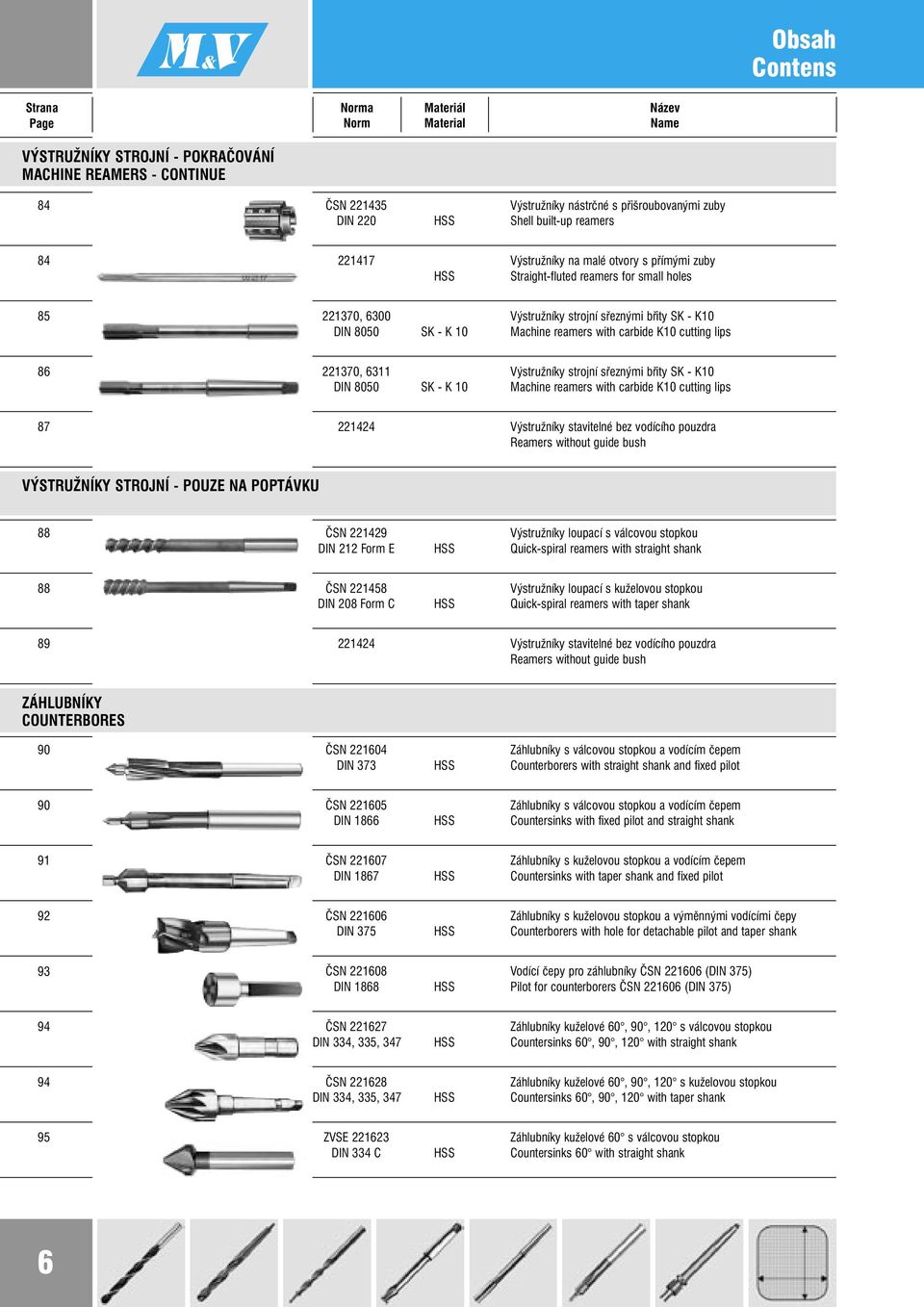 reamers with carbide K10 cutting lips 86 221370, 6311 ýstružníky strojní sřeznými břity SK - K10 DIN 8050 SK - K 10 Machine reamers with carbide K10 cutting lips 87 221424 ýstružníky stavitelné bez