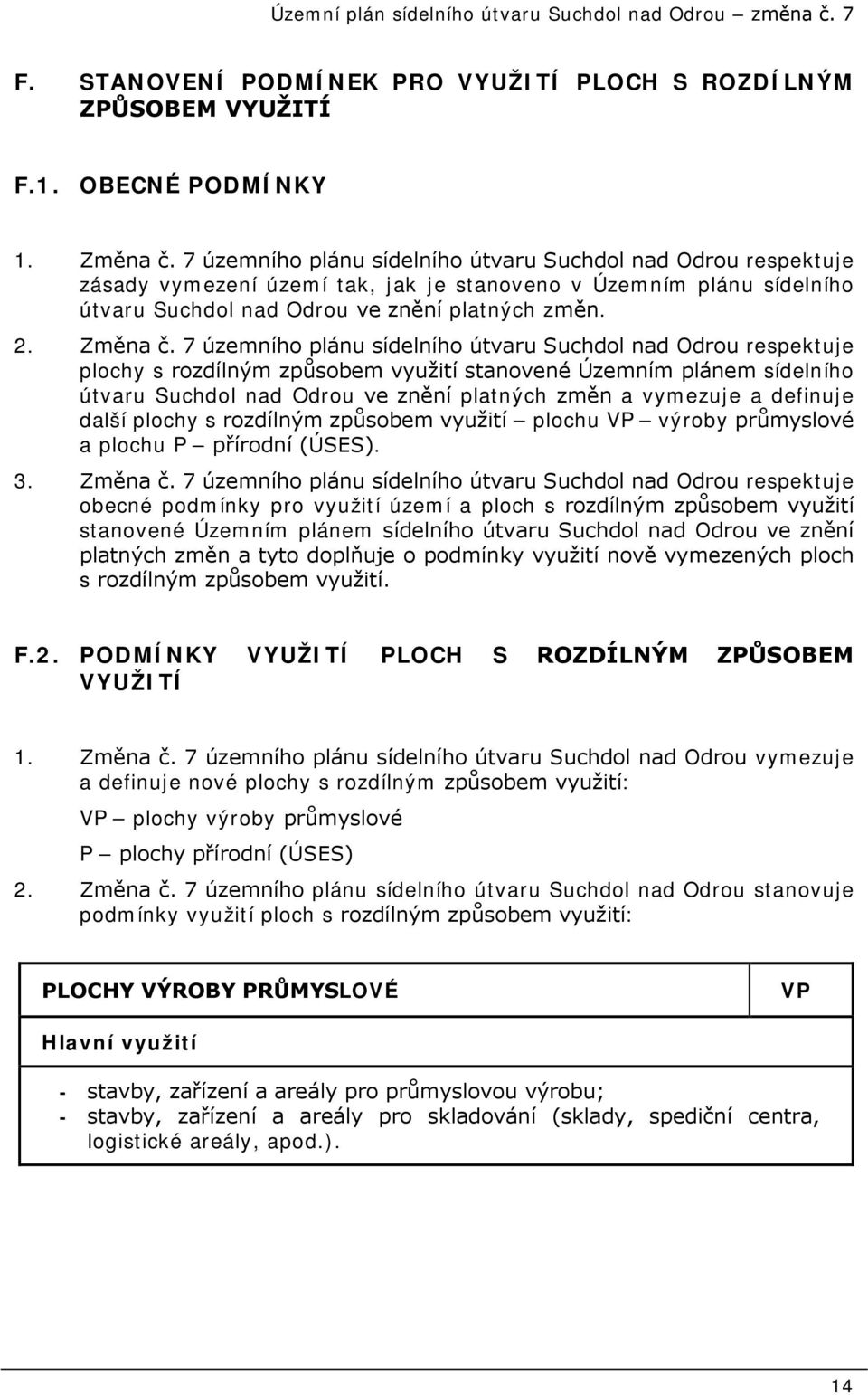 7 územního plánu sídelního útvaru Suchdol nad Odrou respektuje plochy s rozdílným způsobem využití stanovené Územním plánem sídelního útvaru Suchdol nad Odrou ve znění platných změn a vymezuje a