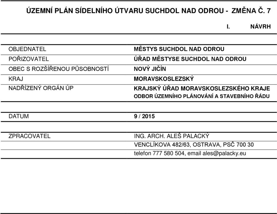 ÚŘAD MĚSTYSE SUCHDOL NAD ODROU NOVÝ JIČÍN MORAVSKOSLEZSKÝ KRAJSKÝ ÚŘAD MORAVSKOSLEZSKÉHO KRAJE ODBOR ÚZEMNÍHO