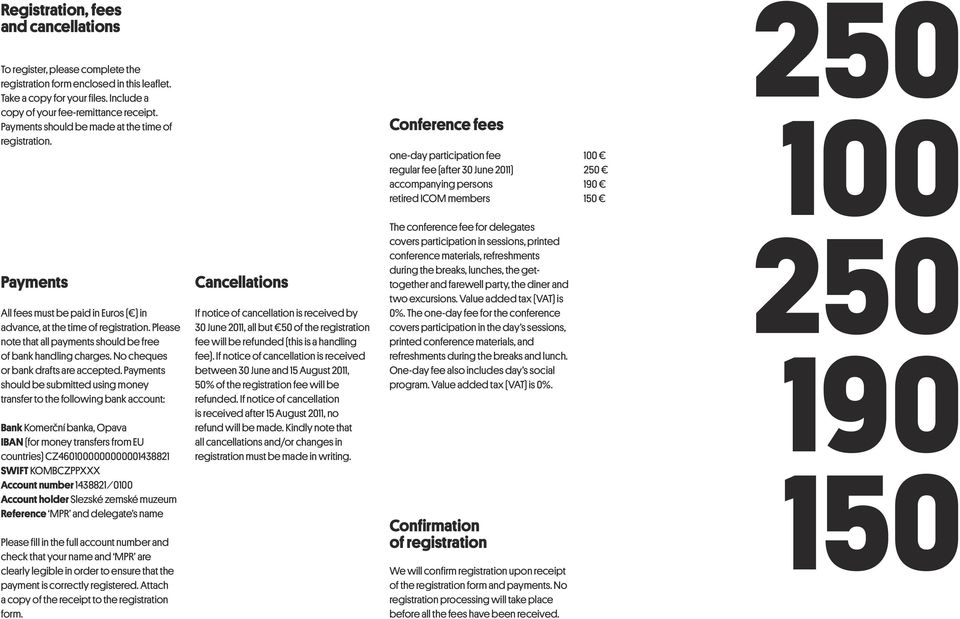 Conference fees one-day participation fee regular fee (after 30 June 2011) accompanying persons retired ICOM members 100 250 190 150 250 100 250 190 150 Payments All fees must be paid in Euros ( ) in