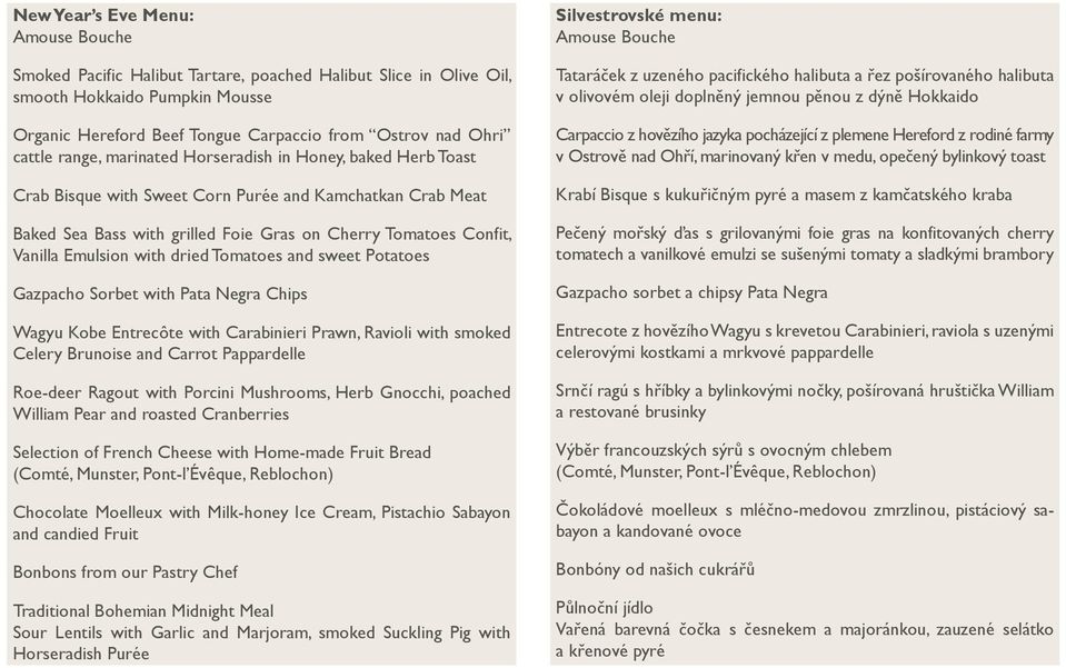 Emulsion with dried Tomatoes and sweet Potatoes Gazpacho Sorbet with Pata Negra Chips Wagyu Kobe Entrecôte with Carabinieri Prawn, Ravioli with smoked Celery Brunoise and Carrot Pappardelle Roe-deer