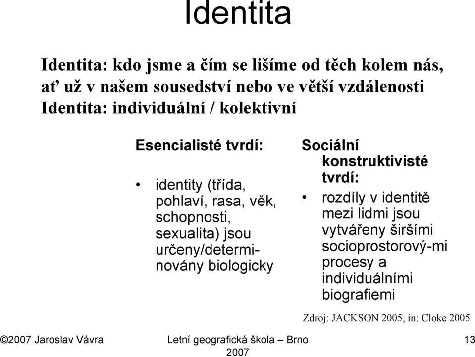 určeny/determinovány biologicky Sociální konstruktivisté tvrdí: rozdíly v identitě mezi lidmi jsou vytvářeny širšími