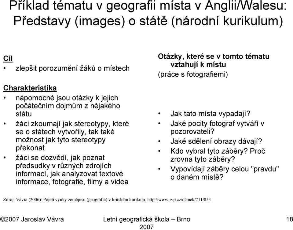 analyzovat textové informace, fotografie, filmy a videa Otázky, které se v tomto tématu vztahují k místu (práce s fotografiemi) Jak tato místa vypadají? Jaké pocity fotograf vytváří v pozorovateli?