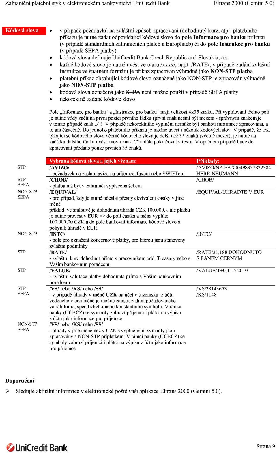 SEPA platby) kódová slova definuje UniCredit Bank Czech Republic and Slovakia, a.s. každé kódové slovo je nutné uvést ve tvaru /xxxx/, např.