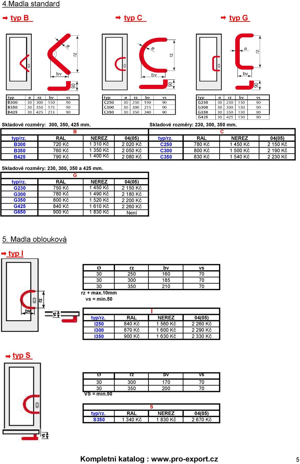 Skladové rozměry: 230, 300, 350 a 425 mm. G typ/rz.