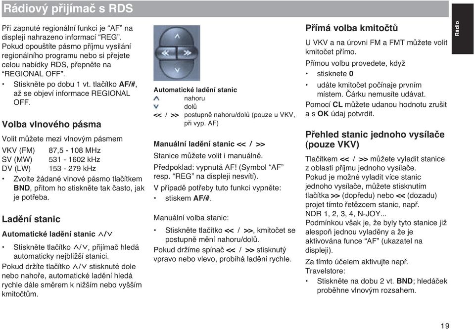 Volba vlnového pásma Volit mûïete mezi vlnov m pásmem VKV (FM) 87,5-108 MHz SV (MW) 531-1602 khz DV (LW) 153-279 khz Zvolte Ïádané vlnové pásmo tlaãítkem BND, pfiitom ho stisknûte tak ãasto, jak je