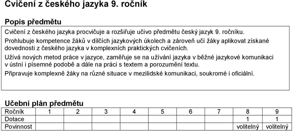 Užívá nových metod práce v jazyce, zaměřuje se na užívání jazyka v běžné jazykové komunikaci v ústní i písemné podobě a dále na práci s textem a porozumění