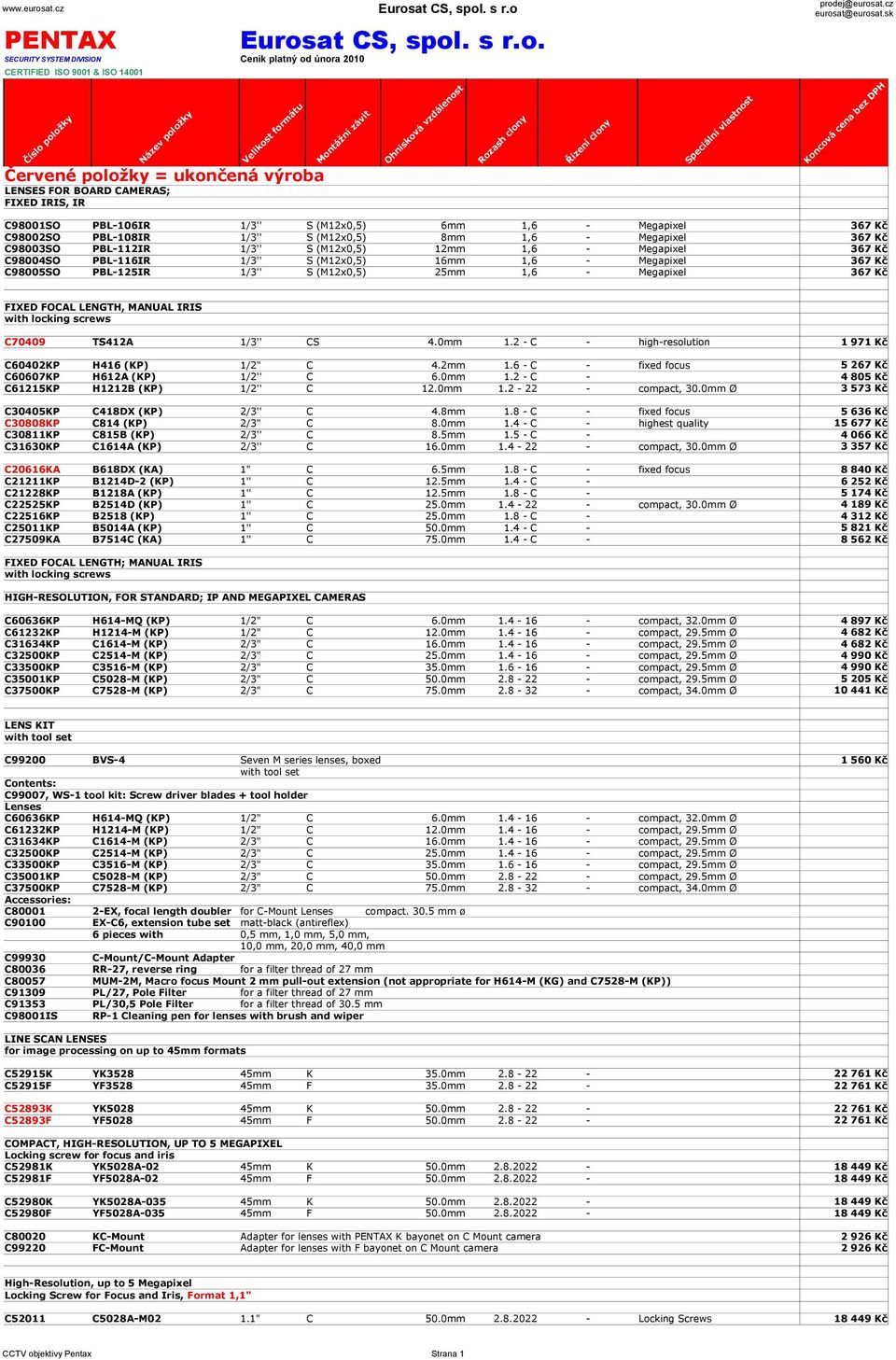 Kč C98003SO PBL-112IR 1/3'' S (M12x0,5) 12mm 1,6 - Megapixel 367 Kč C98004SO PBL-116IR 1/3'' S (M12x0,5) 16mm 1,6 - Megapixel 367 Kč C98005SO PBL-125IR 1/3'' S (M12x0,5) 25mm 1,6 - Megapixel 367 Kč