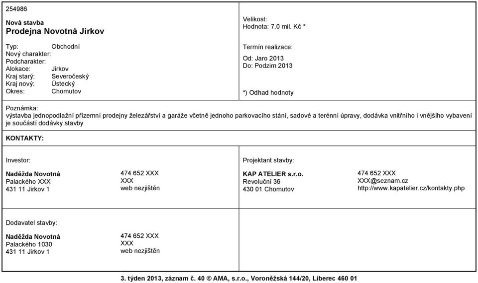 dodávka vnitřního i vnějšího vybavení je součástí dodávky stavby Naděžda Novotná Palackého 431 11 Jirkov 1 474 652 KAP ATELIER s.r.o. Revoluční 36 430 01 Chomutov 474 652 @seznam.