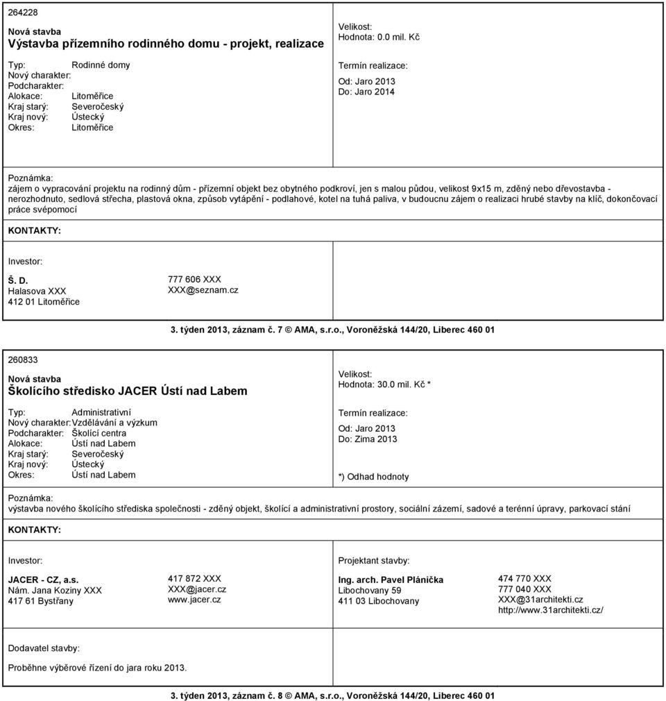 na klíč, dokončovací práce svépomocí Š. D. Halasova 412 01 Litoměřice 777 606 @seznam.cz 3. týden 2013, záznam č. 7 AMA, s.r.o., Voroněžská 144/20, Liberec 460 01 260833 Školícího středisko JACER Ústí nad Labem Typ: Administrativní Vzdělávání a výzkum Školící centra Alokace: Ústí nad Labem Hodnota: 30.