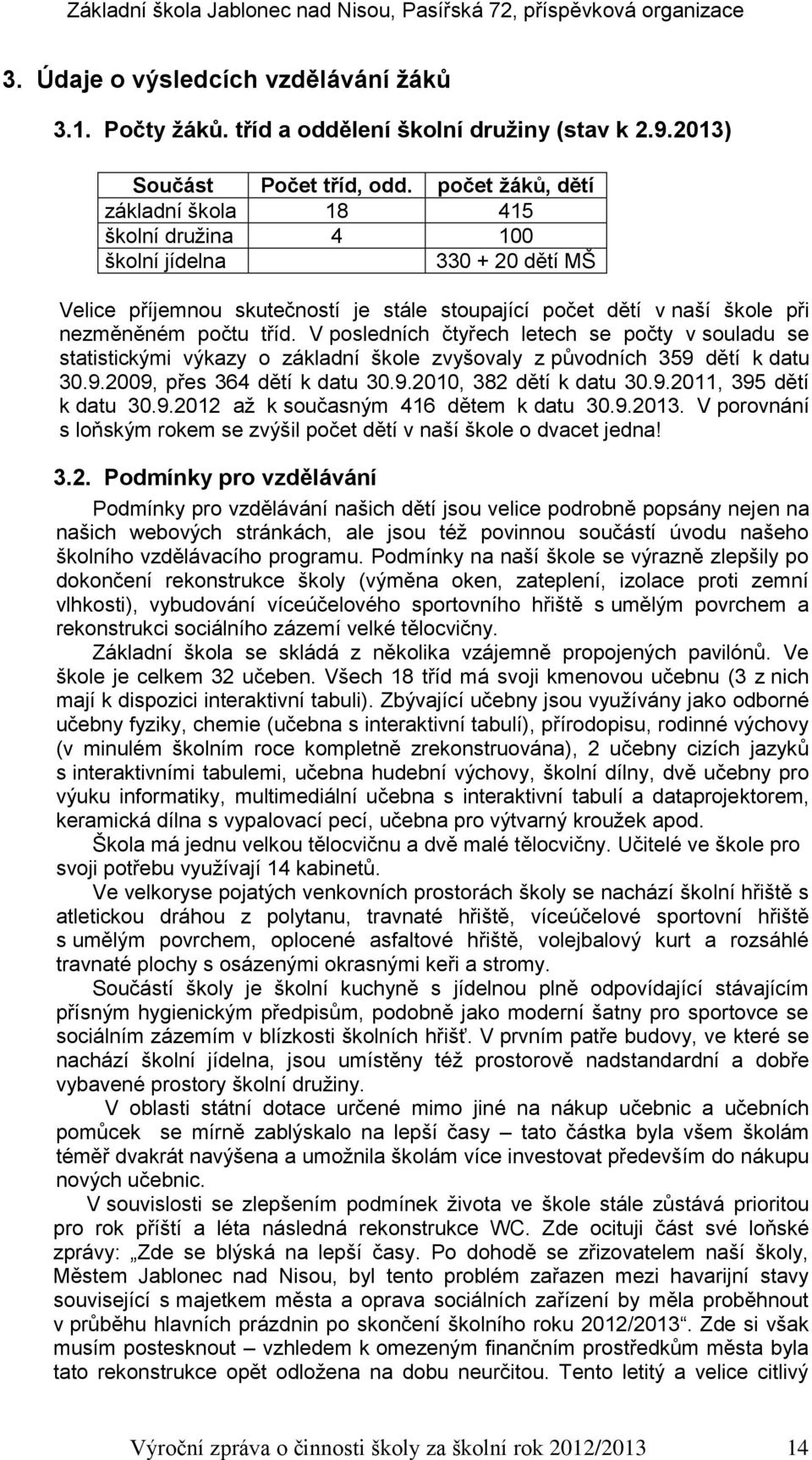 V posledních čtyřech letech se počty v souladu se statistickými výkazy o základní škole zvyšovaly z původních 359 dětí k datu 30.9.2009, přes 364 dětí k datu 30.9.2010, 382 dětí k datu 30.9.2011, 395 dětí k datu 30.