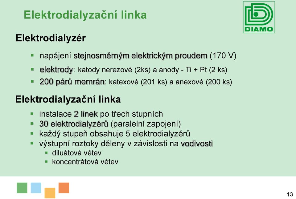 Elektrodialyzační linka instalace 2 linek po třech stupních 30 elektrodialyzérů (paralelní zapojení) každý