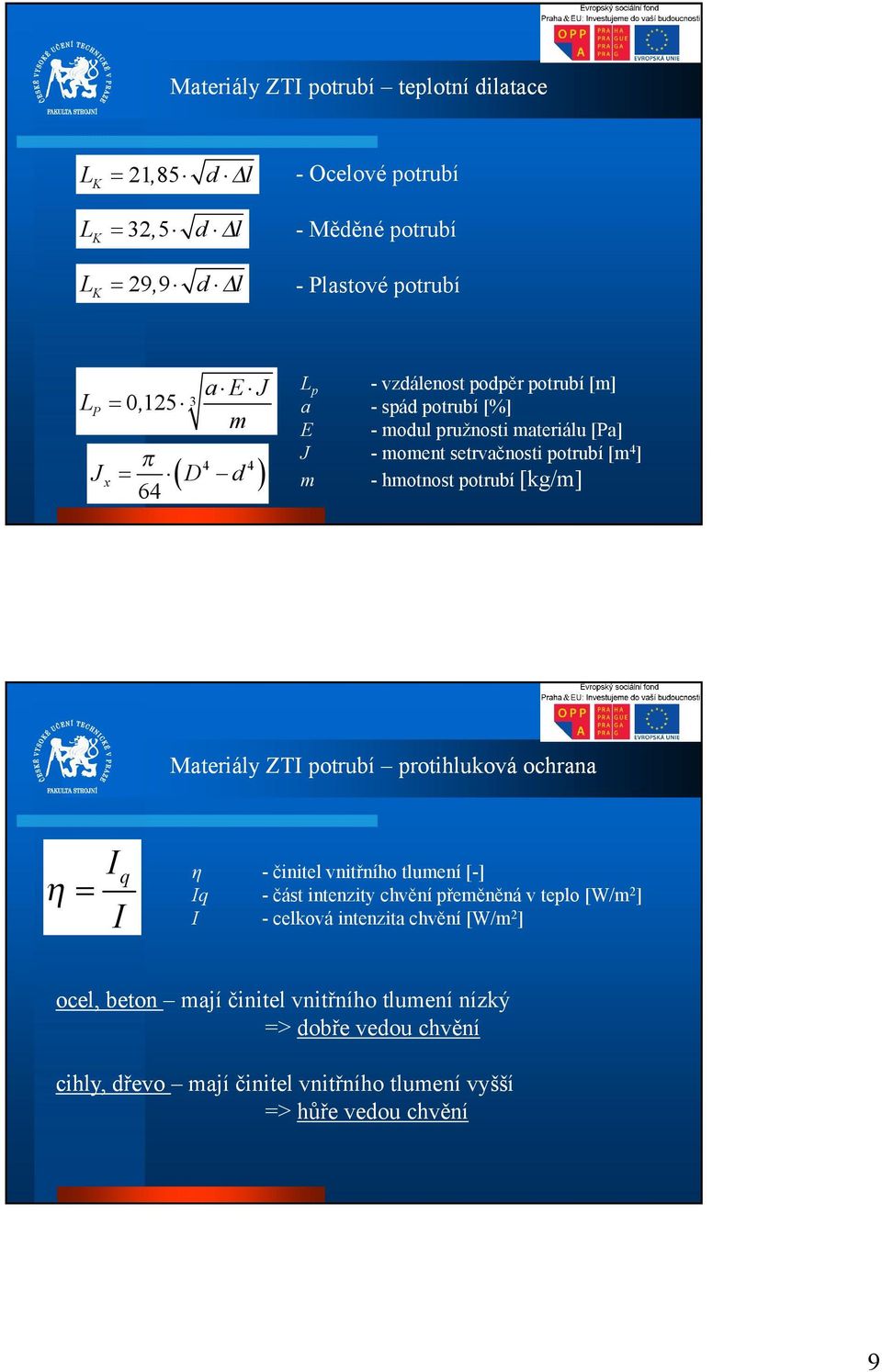 [kg/m] Materiály ZTI potrubí protihluková ochrana Iq I η Iq I - činitel vnitřního tlumení [-] - část intenzity chvění přeměněná v teplo [W/m2] - celková