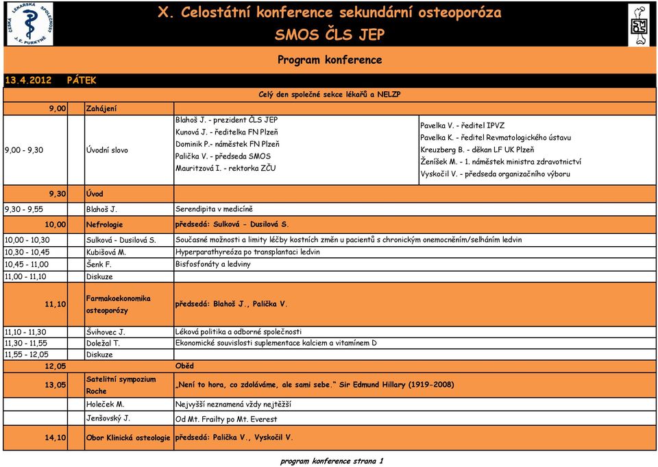 náměstek ministra zdravotnictví Vyskočil V. - předseda organizačního výboru 9,30 Úvod 9,30-9,55 Blahoš J. 10,00 Nefrologie Serendipita v medicíně předsedá: Sulková - Dusilová S.