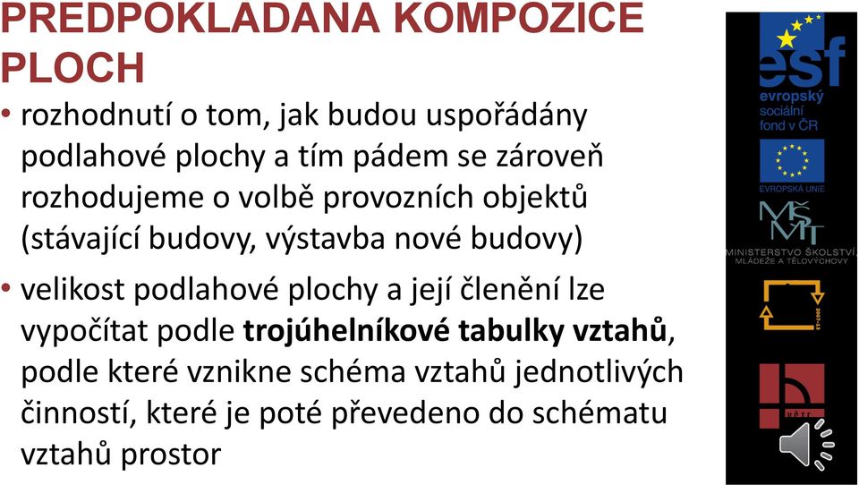 velikost podlahové plochy a její členění lze vypočítat podle trojúhelníkové tabulky vztahů,