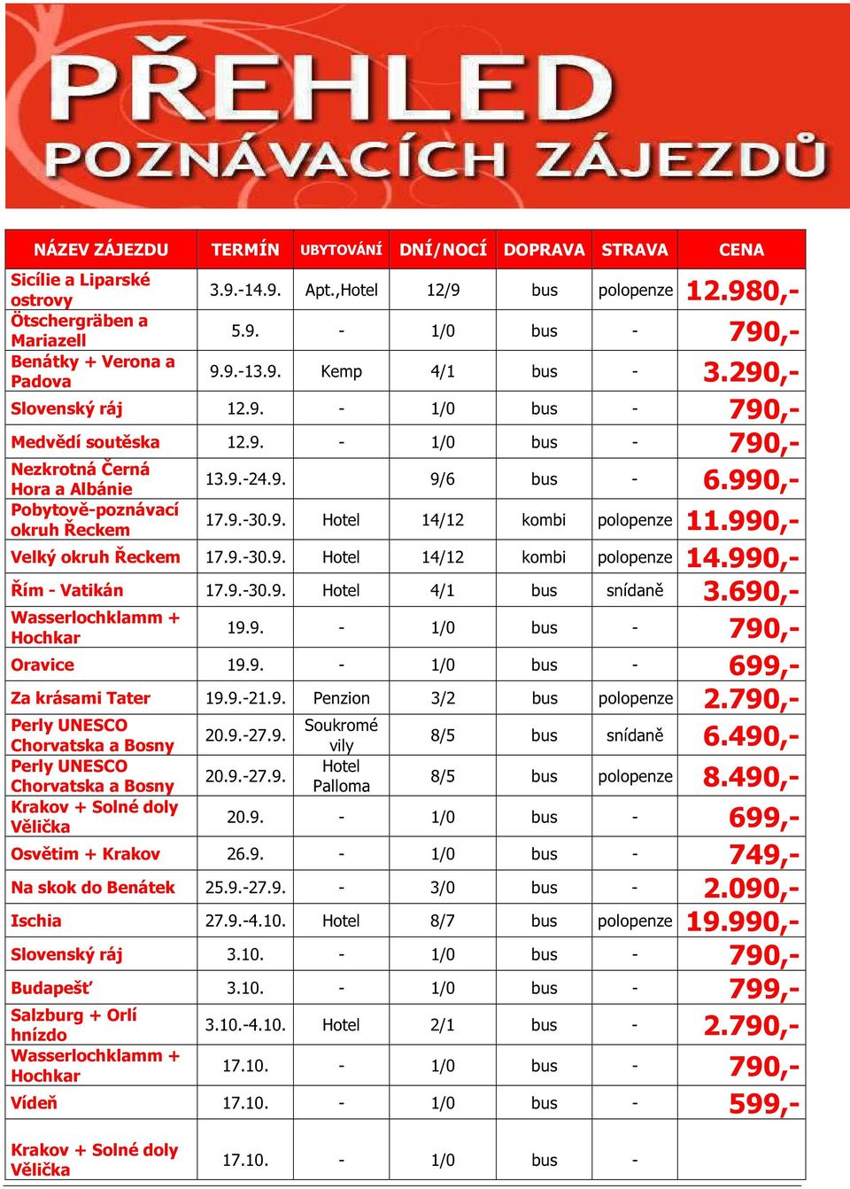 990,- Pobytově-poznávací okruh Řeckem 17.9.-30.9. Hotel 14/12 kombi polopenze 11.990,- Velký okruh Řeckem 17.9.-30.9. Hotel 14/12 kombi polopenze 14.990,- Řím - Vatikán 17.9.-30.9. Hotel 4/1 bus snídaně 3.