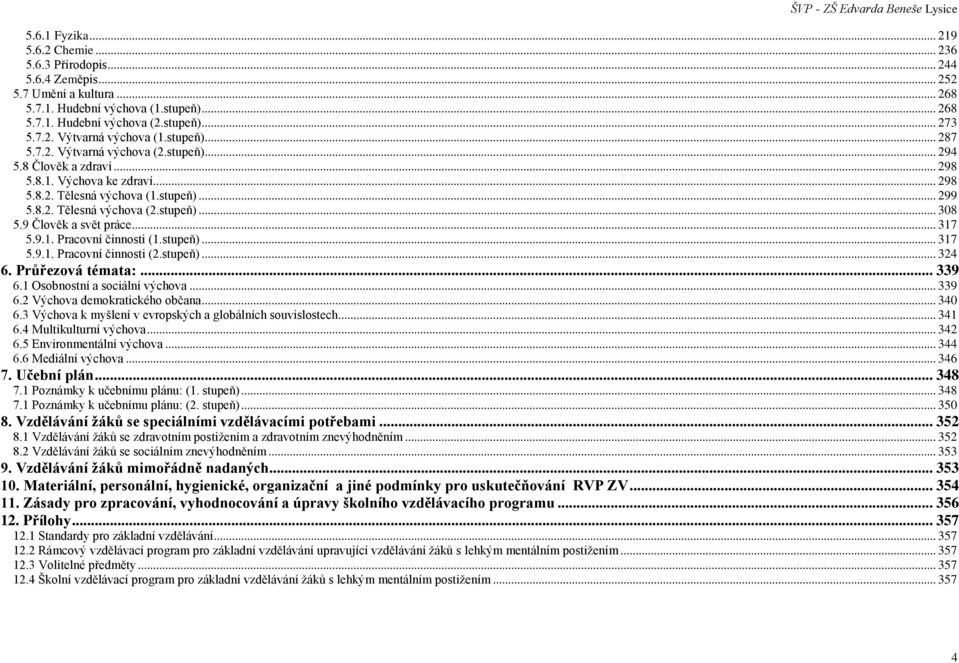 9 Člověk a svět práce... 317 5.9.1. Pracovní činnosti (1.stupeň)... 317 5.9.1. Pracovní činnosti (2.stupeň)... 324 6. Průřezová témata:... 339 6.1 Osobnostní a sociální výchova... 339 6.2 Výchova demokratického občana.