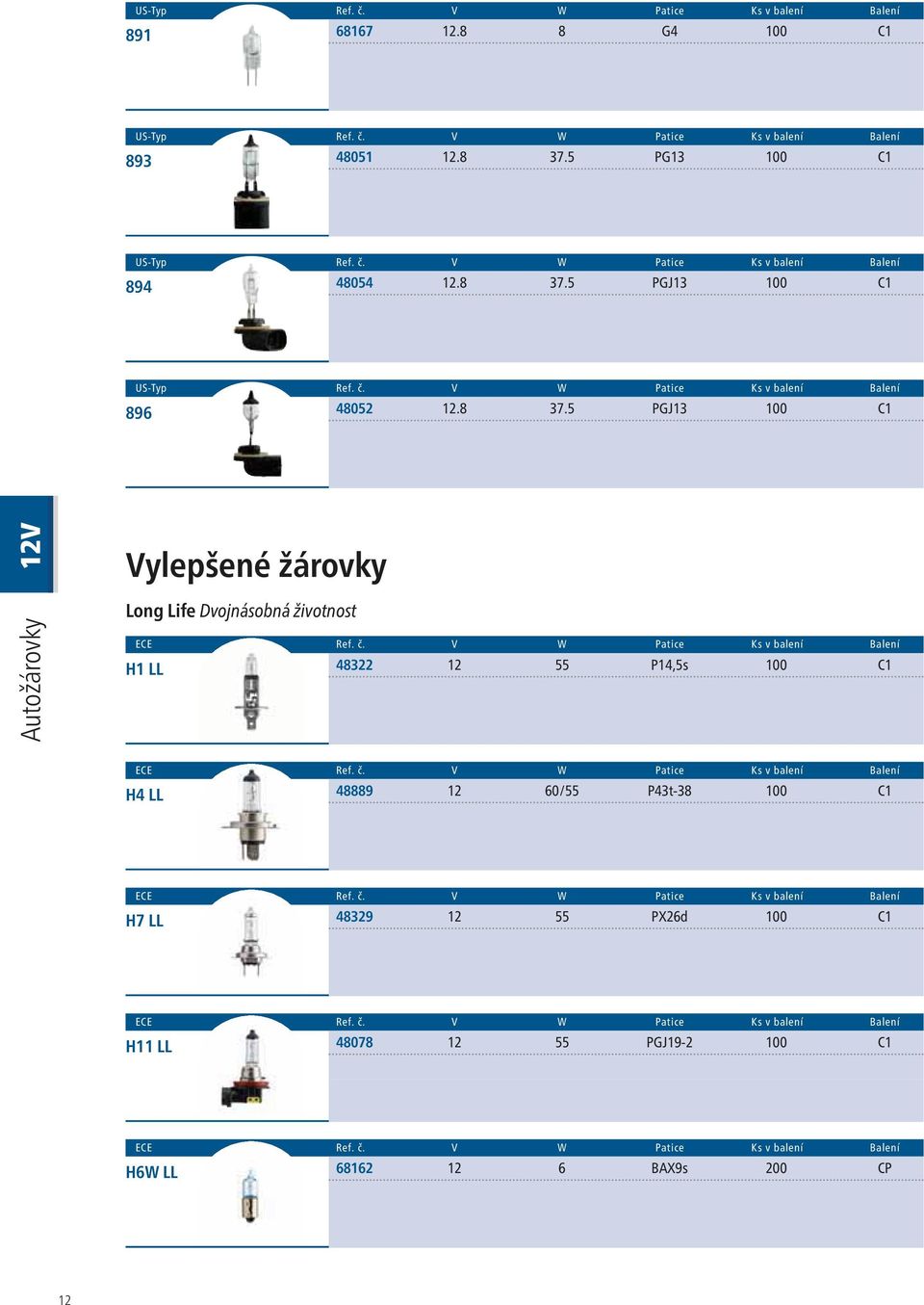 8 37.5 PGJ13 100 C1 Autožárovky 12V Vylepšené žárovky Long Life Dvojnásobná životnost H1 LL 48322 12 55 P14,5s 100 C1 H4 LL 48889 12
