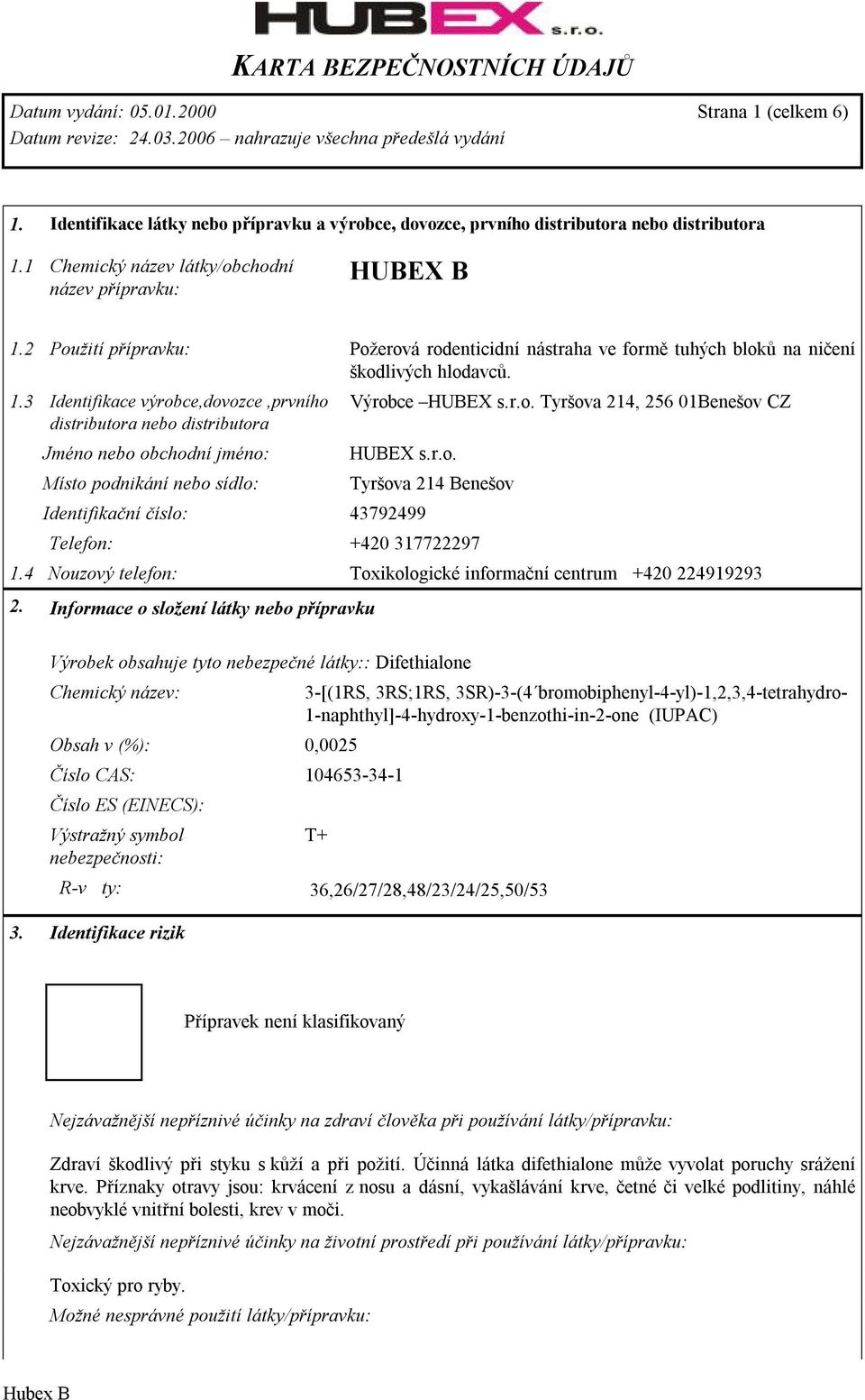 r.o. Tyršova 214, 256 01Benešov CZ HUBEX s.r.o. Identifikační číslo: 43792499 Tyršova 214 Benešov Telefon: +420 317722297 1.4 Nouzový telefon: Toxikologické informační centrum +420 224919293 2.