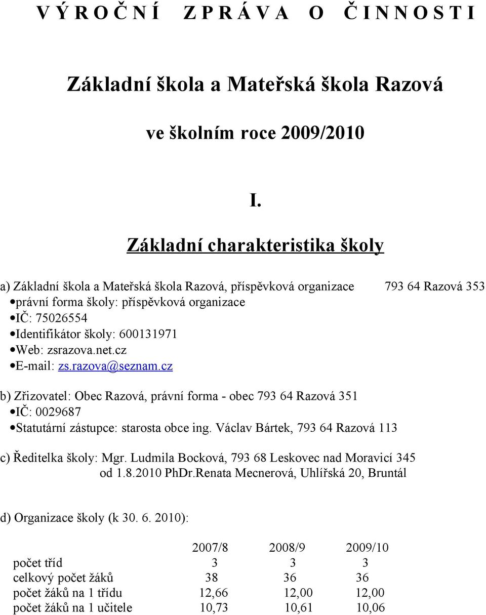 600131971 Web: zsrazova.net.cz E-mail: zs.razova@seznam.cz b) Zřizovatel: Obec Razová, právní forma - obec 793 64 Razová 351 IČ: 0029687 Statutární zástupce: starosta obce ing.