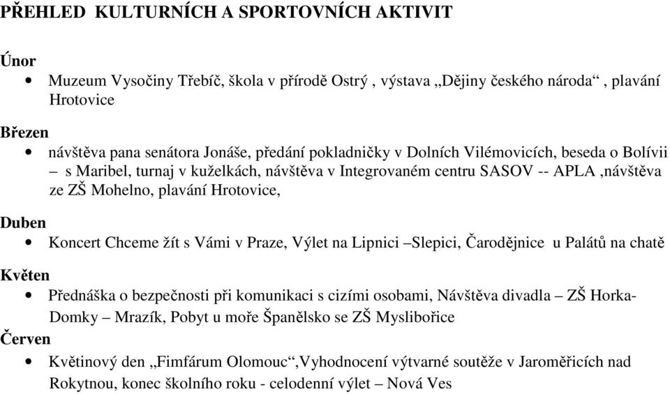 Koncert Chceme žít s Vámi v Praze, Výlet na Lipnici Slepici, Čarodějnice u Palátů na chatě Květen Přednáška o bezpečnosti při komunikaci s cizími osobami, Návštěva divadla ZŠ Horka-