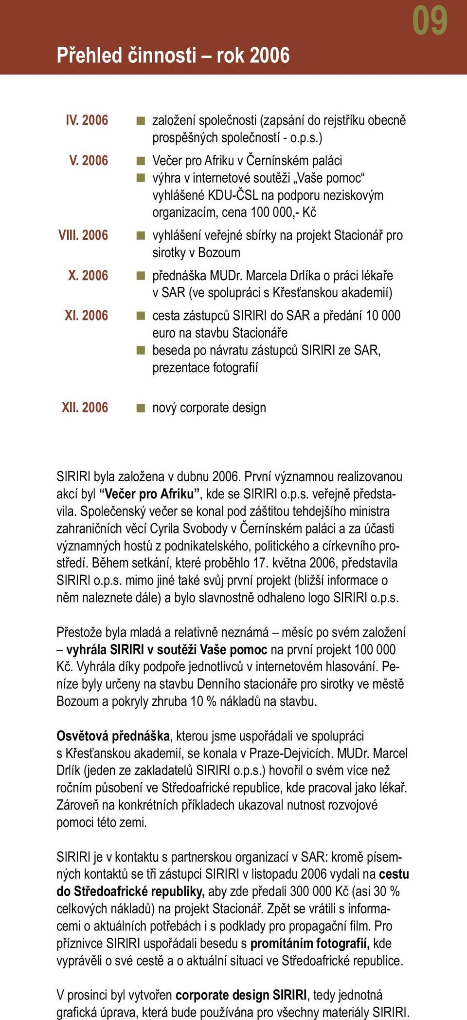 2006 vyhlášení veřejné sbírky na projekt Stacionář pro sirotky v Bozoum X. 2006 přednáška MUDr. Marcela Drlíka o práci lékaře v SAR (ve spolupráci s Křesťanskou akademií) XI.