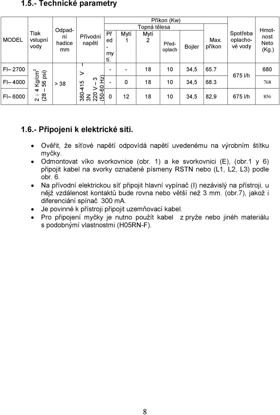 ) 0 12 18 10 34,5 82,9 675 l/h 856 1.6.- Připojení k elektrické síti. Ověřit, že síťové napětí odpovídá napětí uvedenému na výrobním štítku myčky. Odmontovat víko svorkovnice (obr.