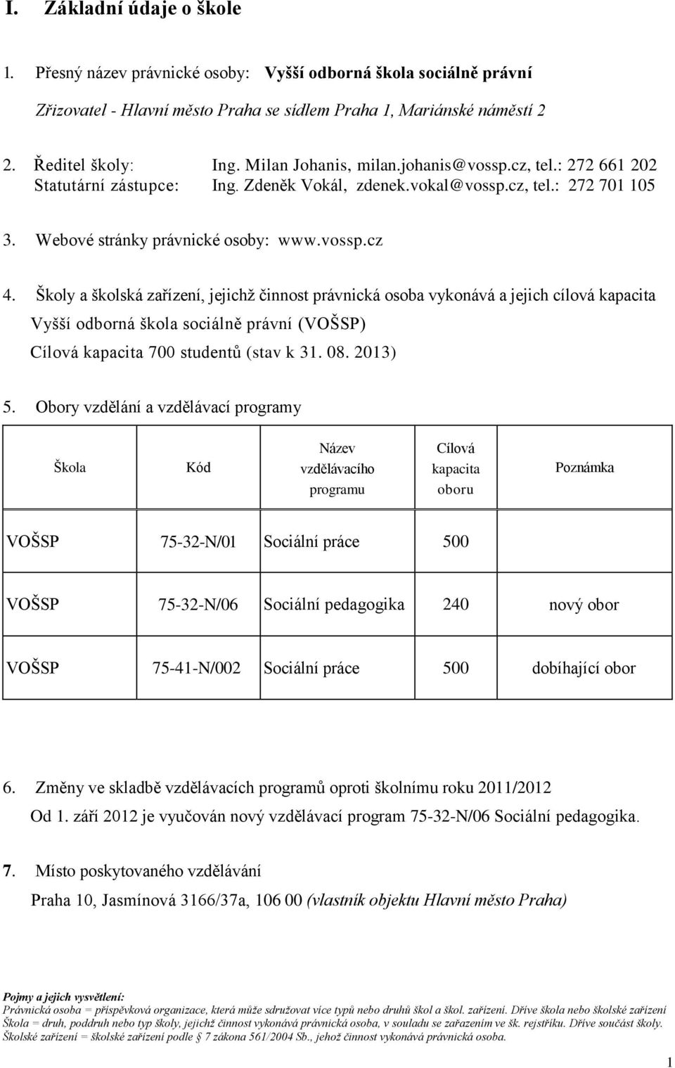 Škly a šklská zařízení, jejichž činnst právnická sba vyknává a jejich cílvá kapacita Vyšší dbrná škla sciálně právní (VOŠSP) Cílvá kapacita 700 studentů (stav k 31. 08. 2013) 5.