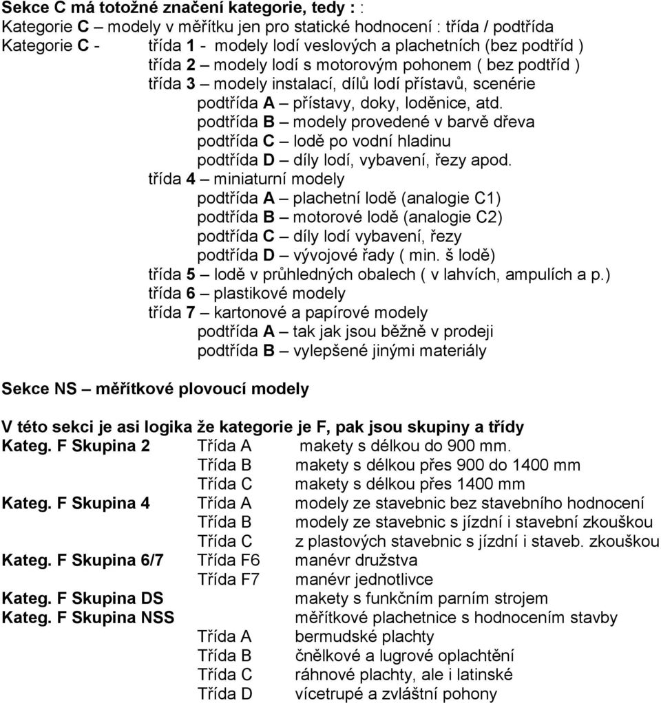 podtřída B modely provedené v barvě dřeva podtřída C lodě po vodní hladinu podtřída D díly lodí, vybavení, řezy apod.