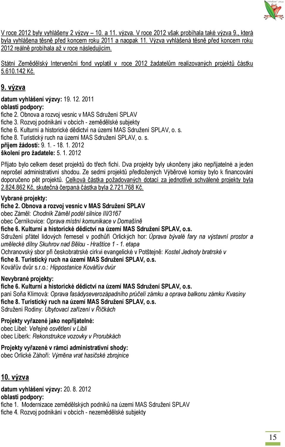 výzva datum vyhlášení výzvy: 19. 12. 2011 oblasti podpory: fiche 2. Obnova a rozvoj vesnic v MAS Sdruţení SPLAV fiche 3. Rozvoj podnikání v obcích - zemědělské subjekty fiche 6.