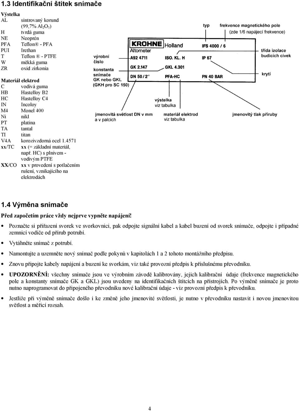 HC) s plnivem vodivým PTFE XX/CO xx v provedení s potlačením rušení, vznikajícího na elektrodách 1.4 Výměna snímače Před započetím práce vždy nejprve vypněte napájení!