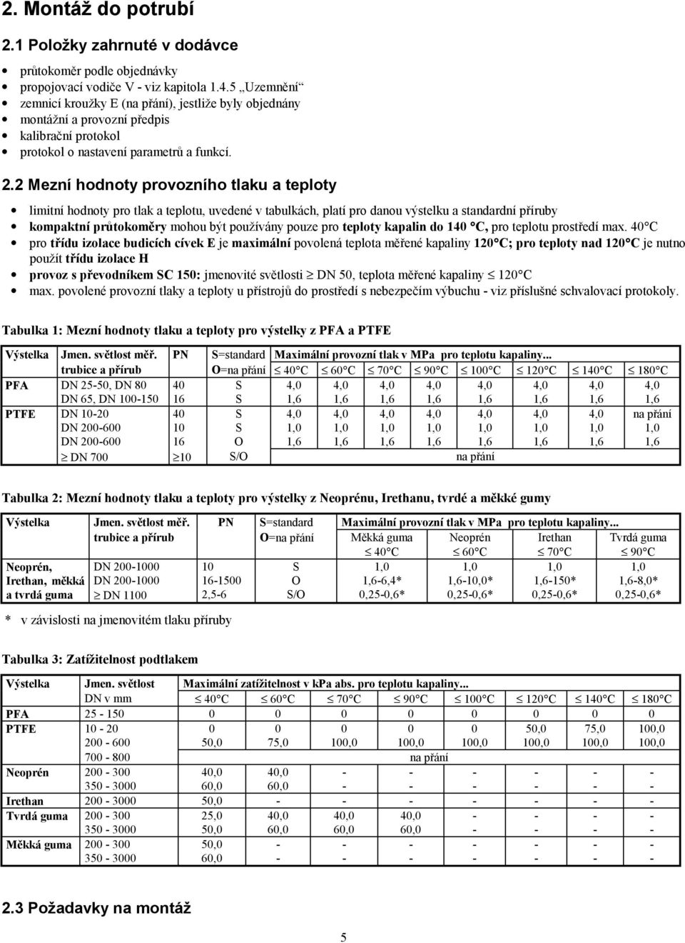 2 Mezní hodnoty provozního tlaku a teploty limitní hodnoty pro tlak a teplotu, uvedené v tabulkách, platí pro danou výstelku a standardní příruby kompaktní průtokoměry mohou být používány pouze pro