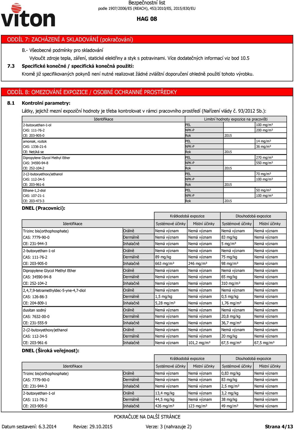 ODDÍL 8: OMEZOVÁNÍ EXPOZICE / OSOBNÍ OCHRANNÉ PROSTŘEDKY 8.1 Kontrolní parametry: Látky, jejichž mezní expoziční hodnoty je třeba kontrolovat v rámci pracovního prostředí (Nařízení vlády č.