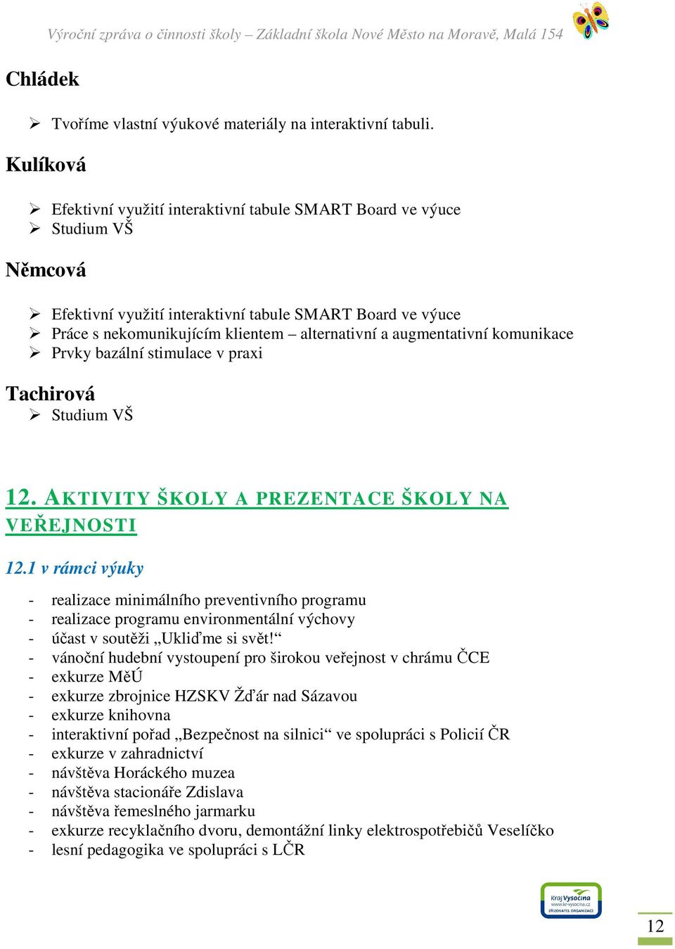 augmentativní komunikace Prvky bazální stimulace v praxi Tachirová Studium VŠ 12. AKTIVITY ŠKOLY A PREZENTACE ŠKOLY NA VEŘEJNOSTI 12.