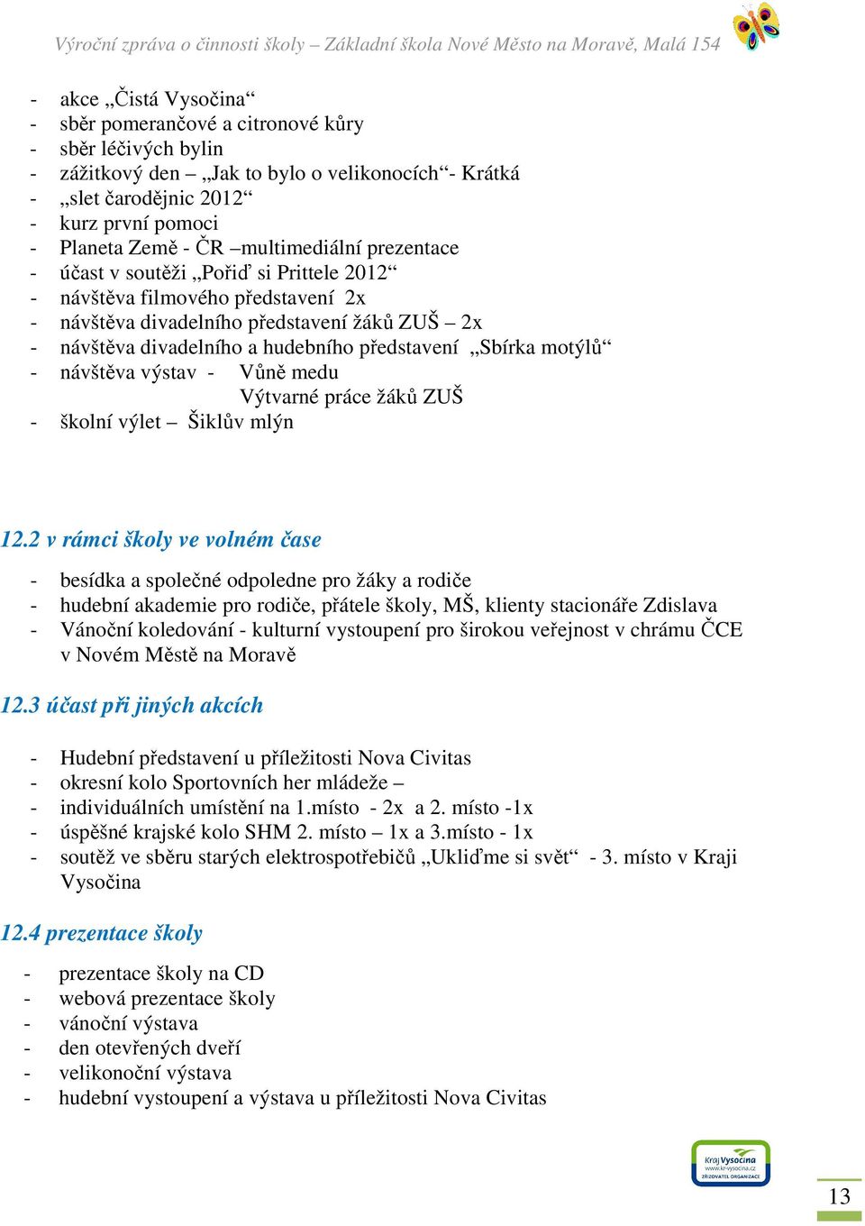 Sbírka motýlů - návštěva výstav - Vůně medu Výtvarné práce žáků ZUŠ - školní výlet Šiklův mlýn 12.