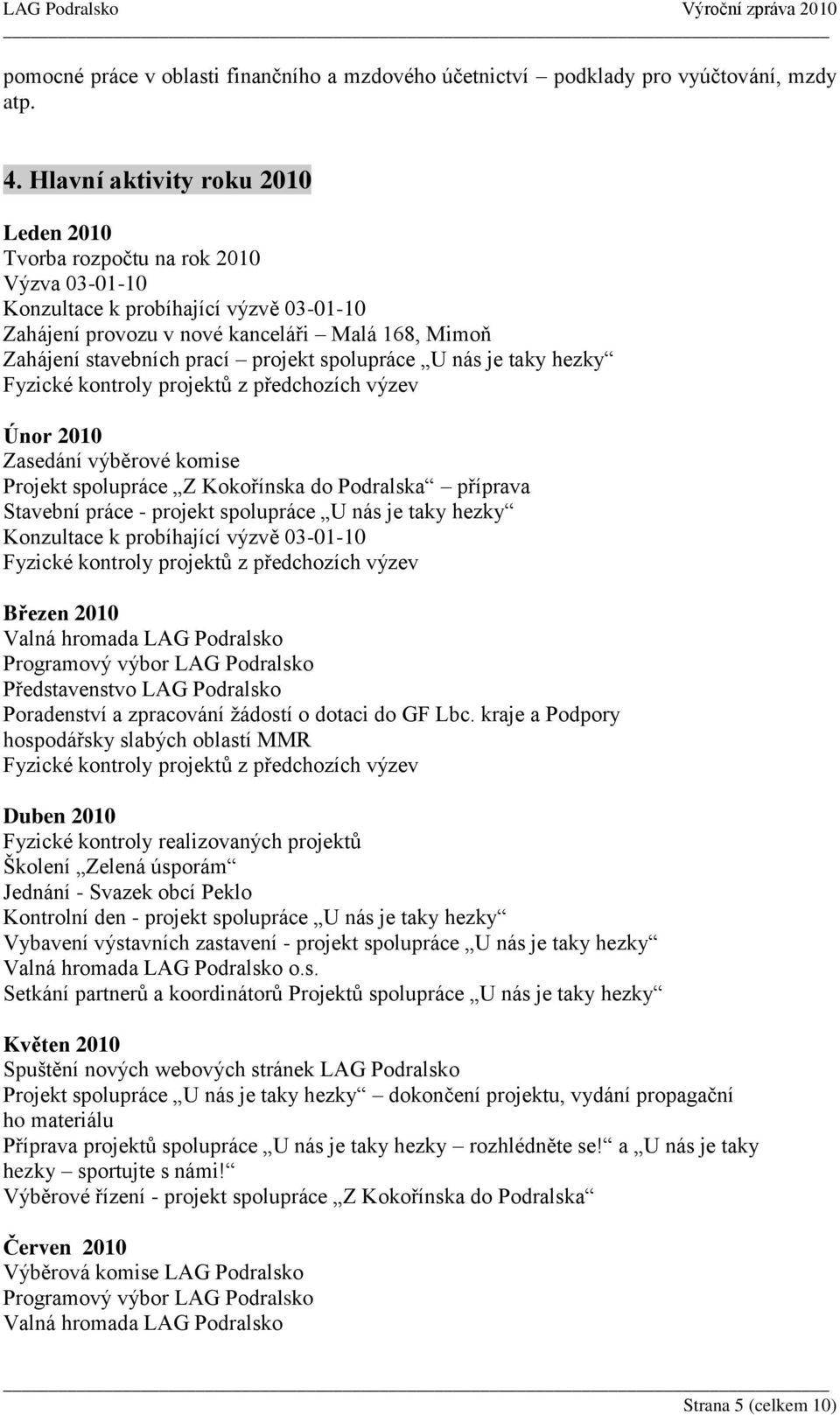 projekt spolupráce U nás je taky hezky Fyzické kontroly projektů z předchozích výzev Únor 2010 Zasedání výběrové komise Projekt spolupráce Z Kokořínska do Podralska příprava Stavební práce - projekt