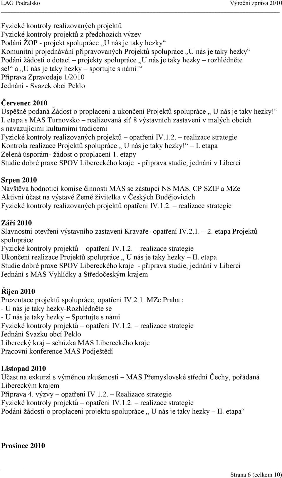 Příprava Zpravodaje 1/2010 Jednání - Svazek obcí Peklo Červenec 2010 Úspěšně podaná Žádost o proplacení a ukončení Projektů spolupráce U nás je taky hezky! I.