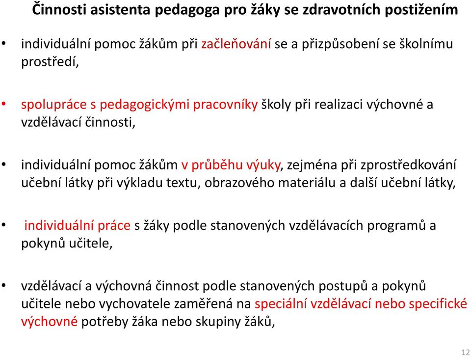 při výkladu textu, obrazového materiálu a další učební látky, individuální práce s žáky podle stanovených vzdělávacích programů a pokynů učitele, vzdělávací a