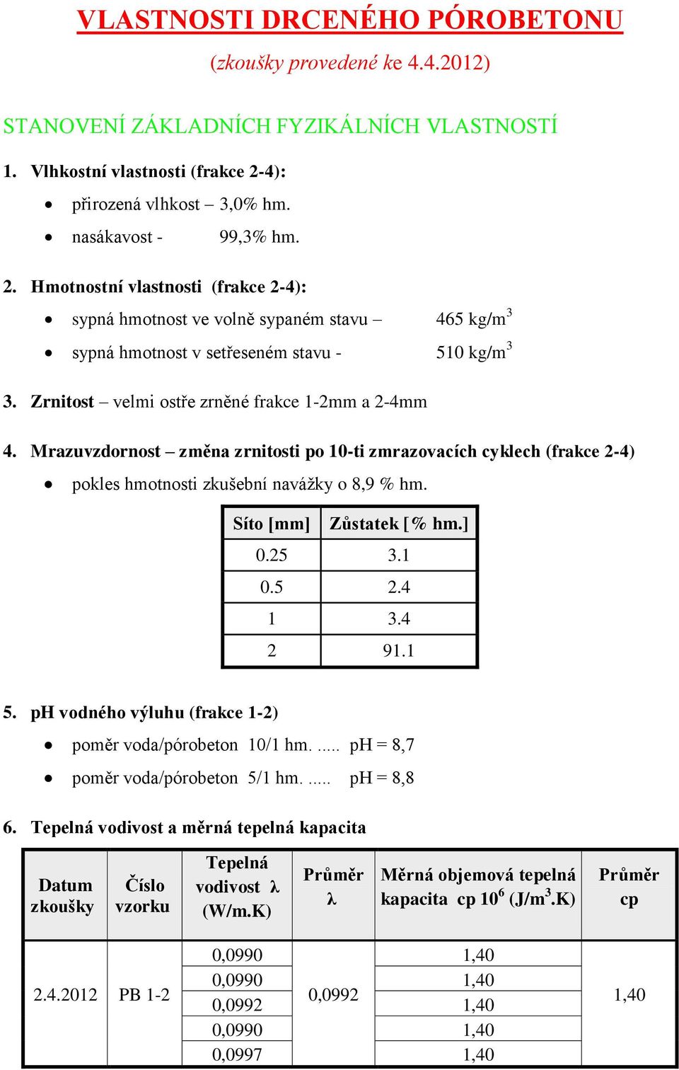 Zrnitost velmi ostře zrněné frakce 1-2mm a 2-4mm 4. Mrazuvzdornost změna zrnitosti po 10-ti zmrazovacích cyklech (frakce 2-4) pokles hmotnosti zkušební navážky o 8,9 % hm. Síto [mm] Zůstatek [% hm.