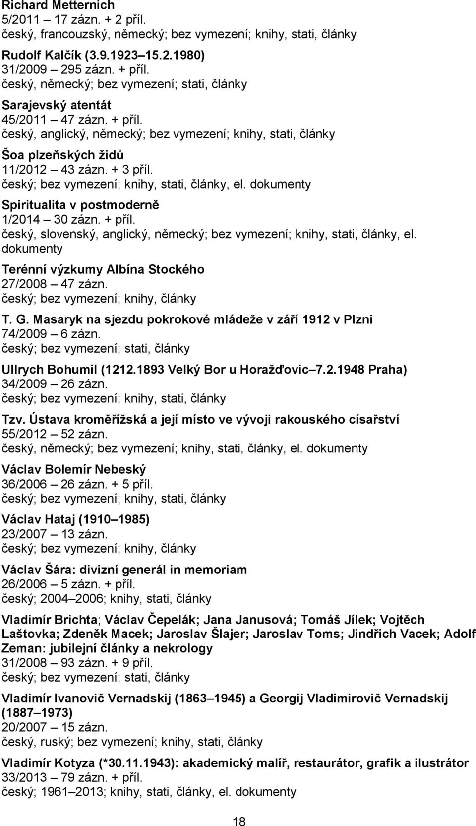 dokumenty Spiritualita v postmoderně 1/2014 30 zázn. + příl. český, slovenský, anglický, německý; bez vymezení; knihy, stati, články, el. dokumenty Terénní výzkumy Albína Stockého 27/2008 47 zázn.